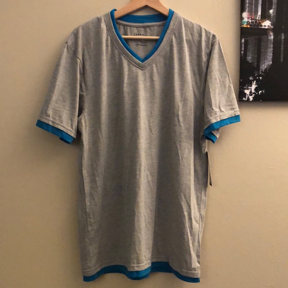 NWT Men's Galaxy by Harvic V-Neck 2D T-Shirt in Size L - Heather Grey and Blue